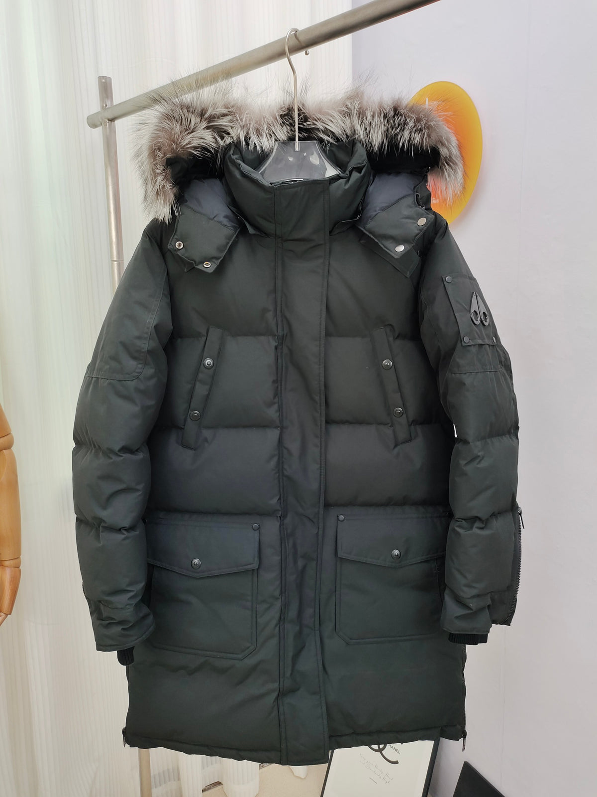 Moose Knuckles Charcoal Grey Quilted Hooded Long Parka