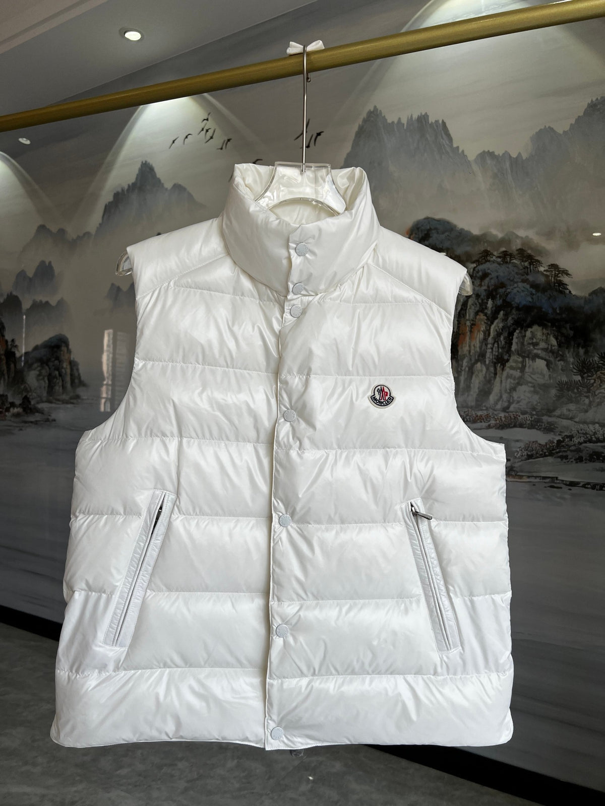 Moncler White Glossy Quilted Stand-Collar Puffer Vest
