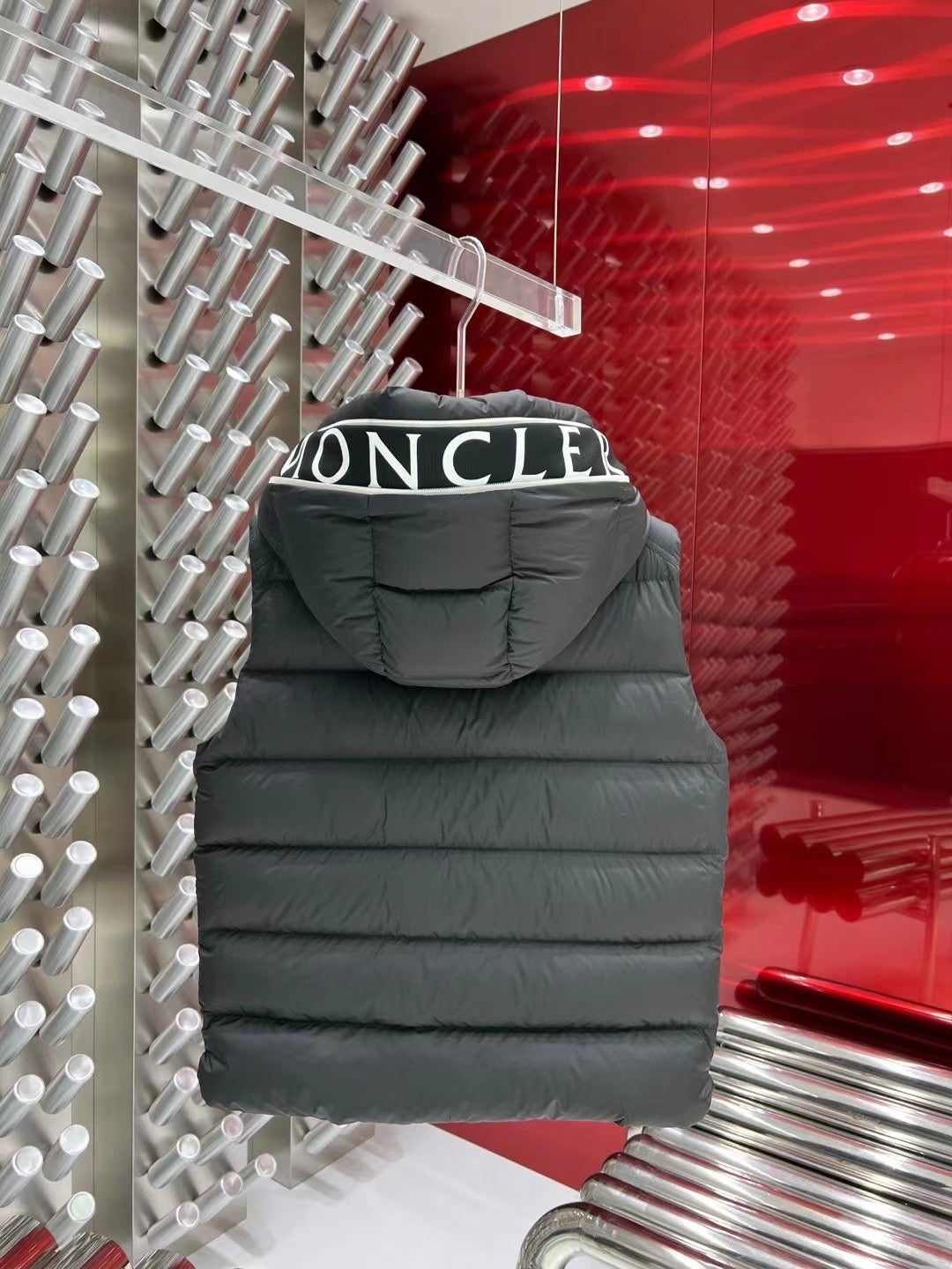 Moncler Charcoal Grey Quilted Logo-Trim Hooded Puffer Vest